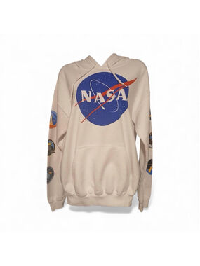 NASA Mission Patch Hoodie Cream Graphic Pullover Unisex M JC131